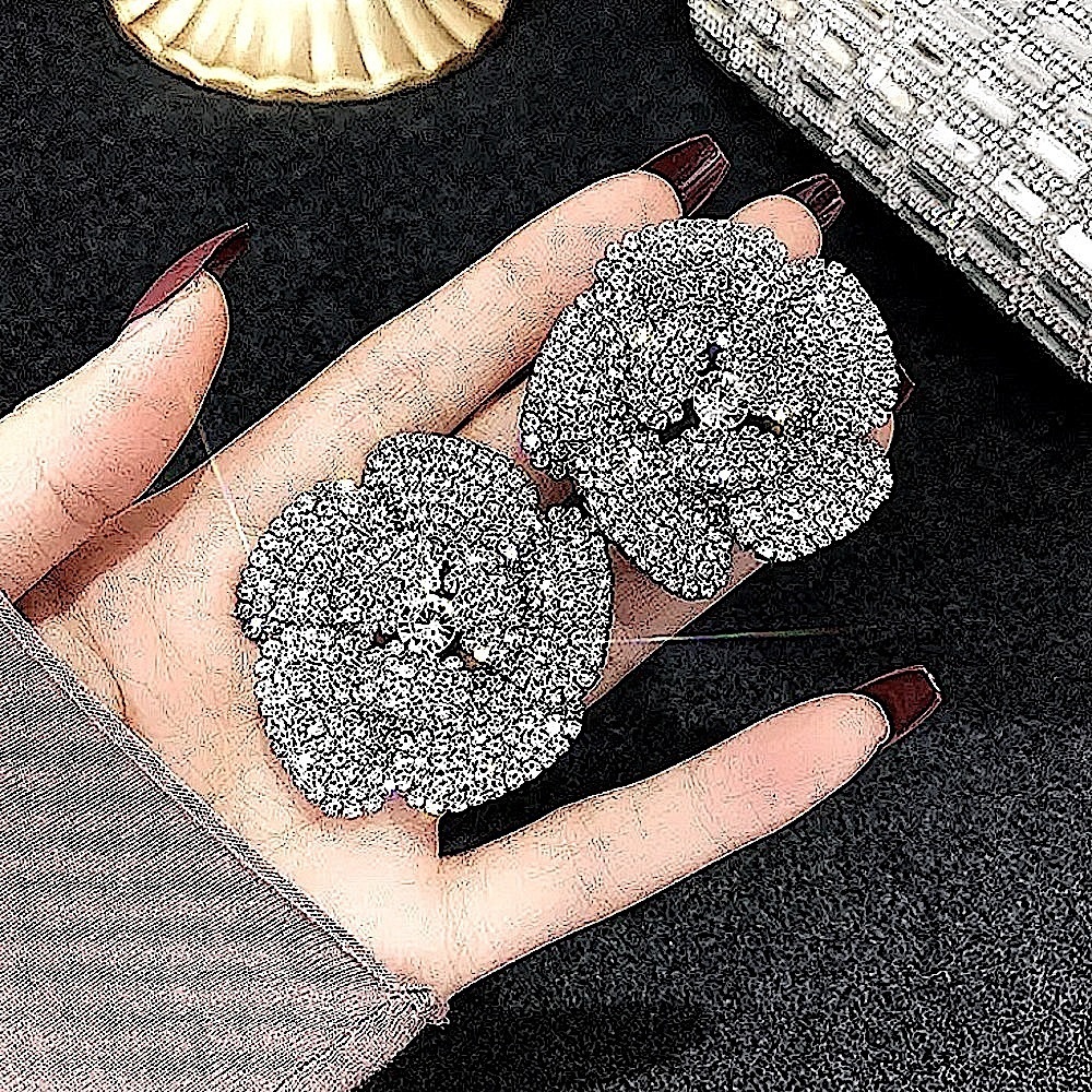 Silver Camellia Flower Crystal Pavé Statement Stud Earrings Tarnish Free Sparkle